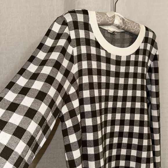 Talbots L Ivory Camo Olive Green Gingham Plaid Knit Shirt Hem Crew Sweater - Picture 5 of 11